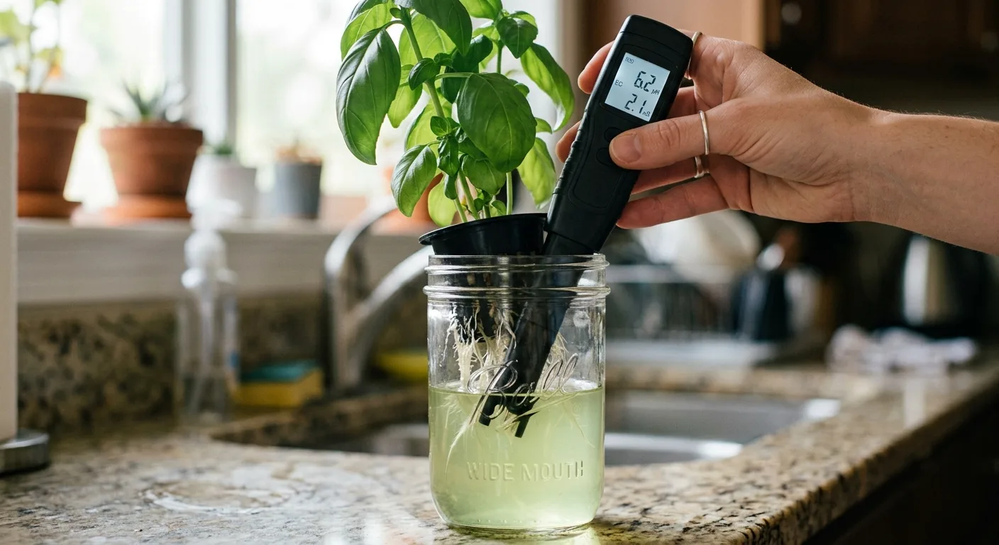 Digital EC meter testing nutrient strength in a basil Kratky jar