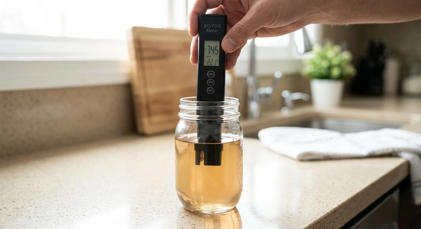 EC and TDS meter testing nutrient strength in a small hydroponic jar