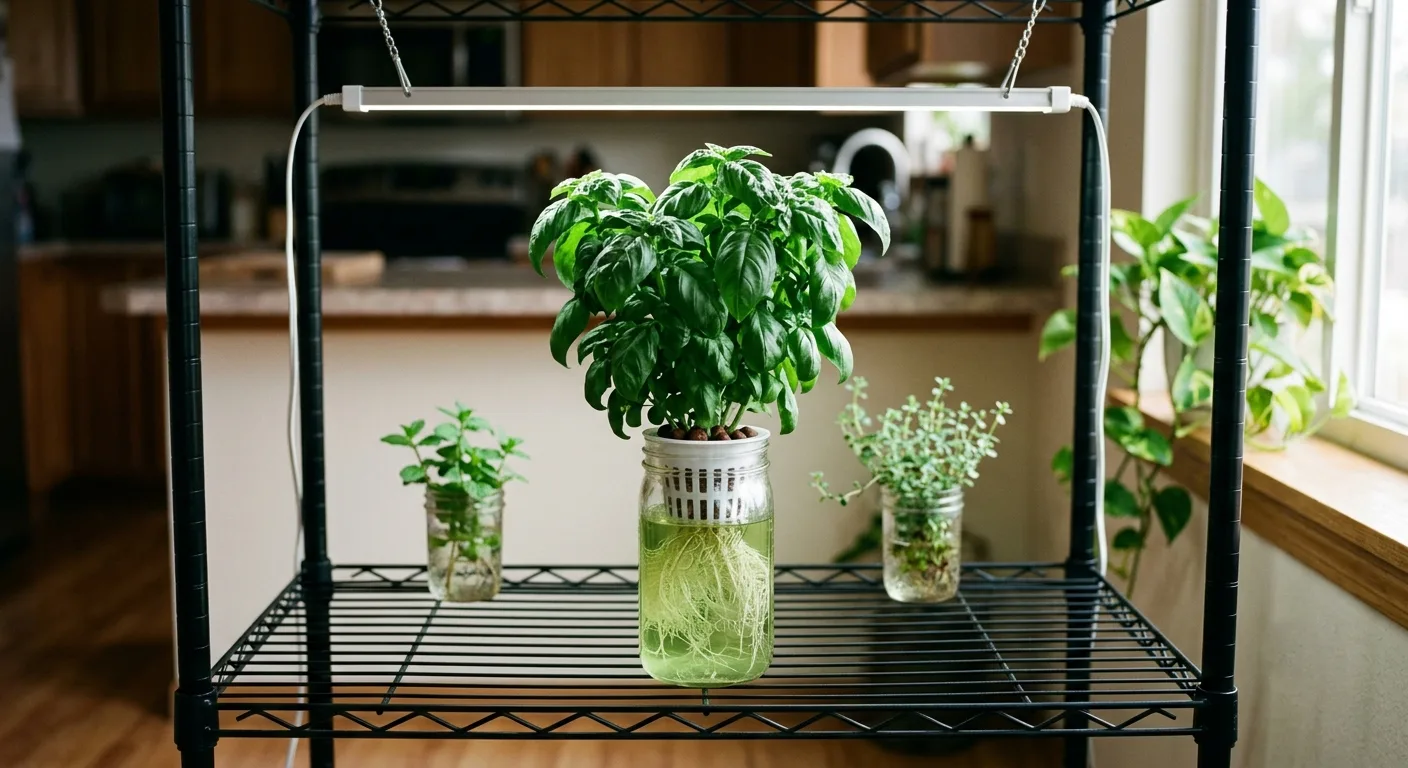 Mature basil on the top tier sitting 7 inches below an LED grow light bar