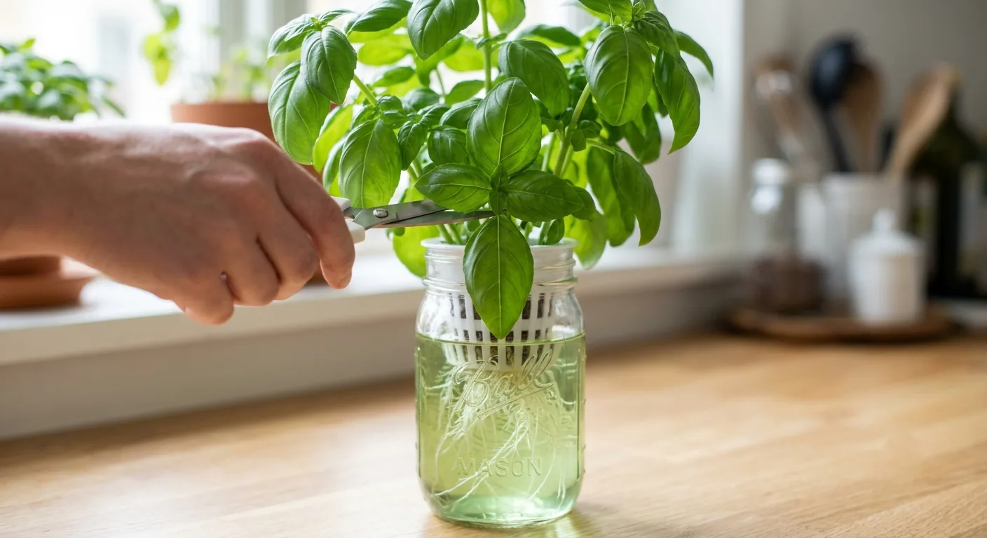 Pruning shears removing a large basil leaf to improve airflow