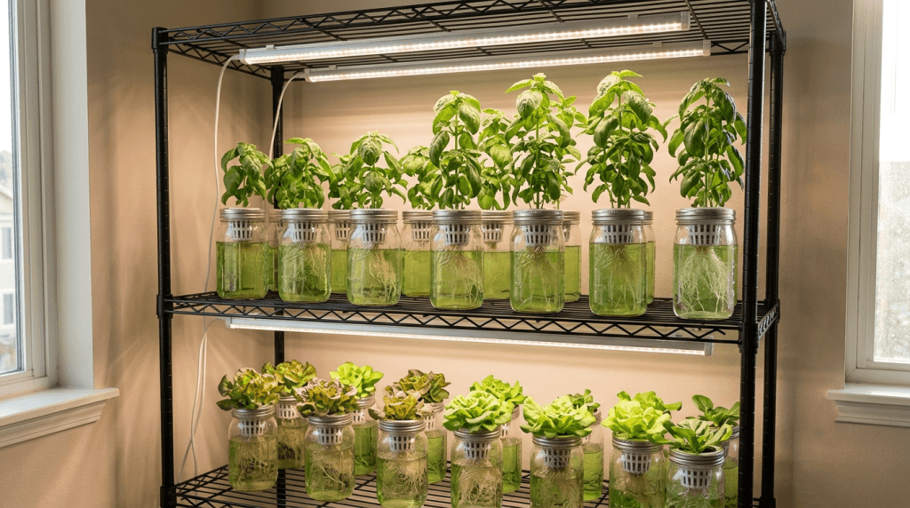 Two tier grow shelf with LED panels above hydroponic herb jars in an apartment