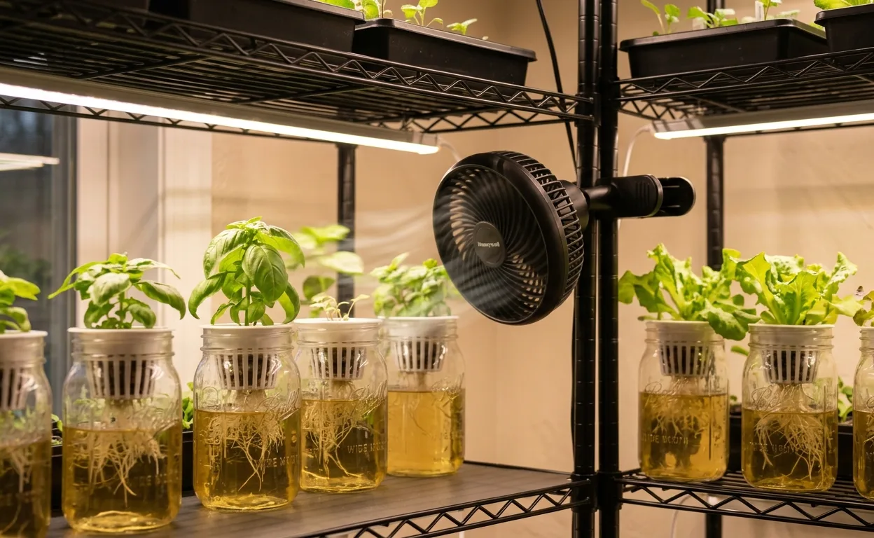 Small clip-on fan mounted between two shelf tiers to move warm air