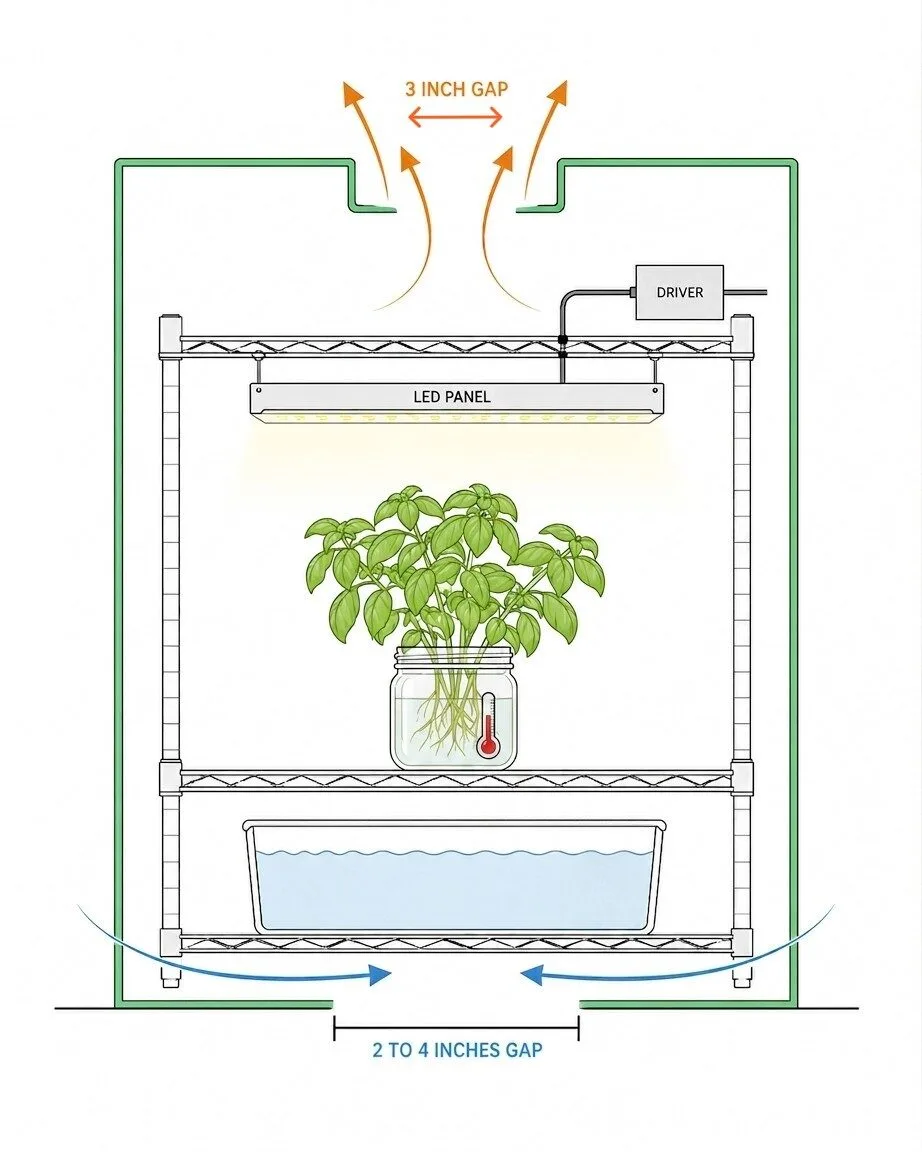 Cross-section diagram of a shelf unit showing hot air leaving the top notch of a grow light shield and cool air entering the bottom gap