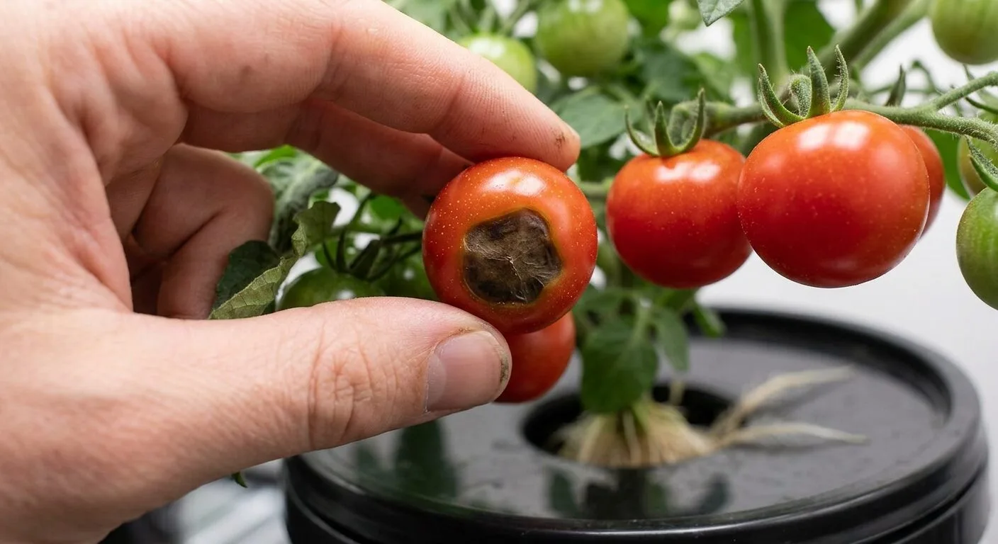 Cherry tomato with a dark sunken leathery patch of blossom-end rot on its underside