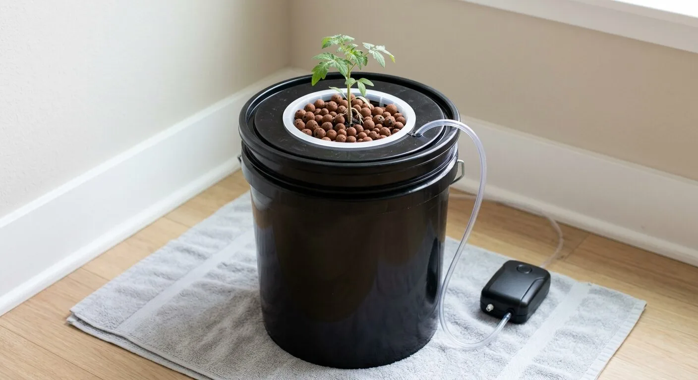 Black 5-gallon DWC bucket with a net cup lid and air line for a hydroponic cherry tomato