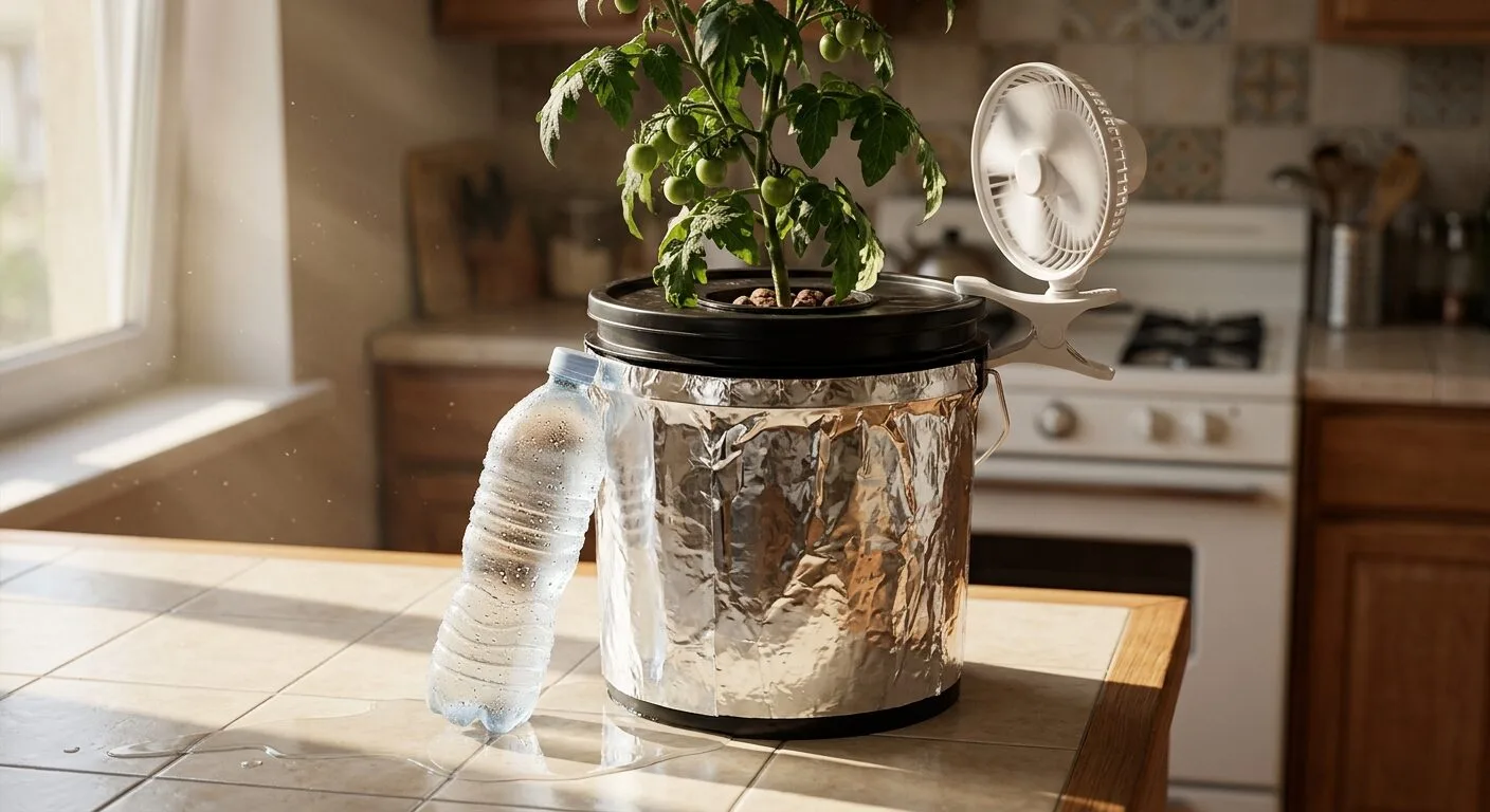 Frozen water bottle leaning against the outside of a foil-wrapped hydroponic tomato bucket