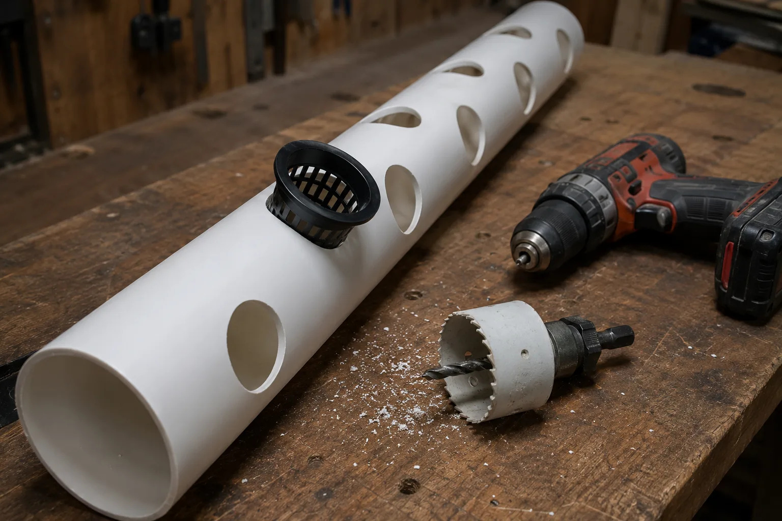 Four inch PVC pipe on a workbench with two inch holes cut in a spiral and a net cup test fitted