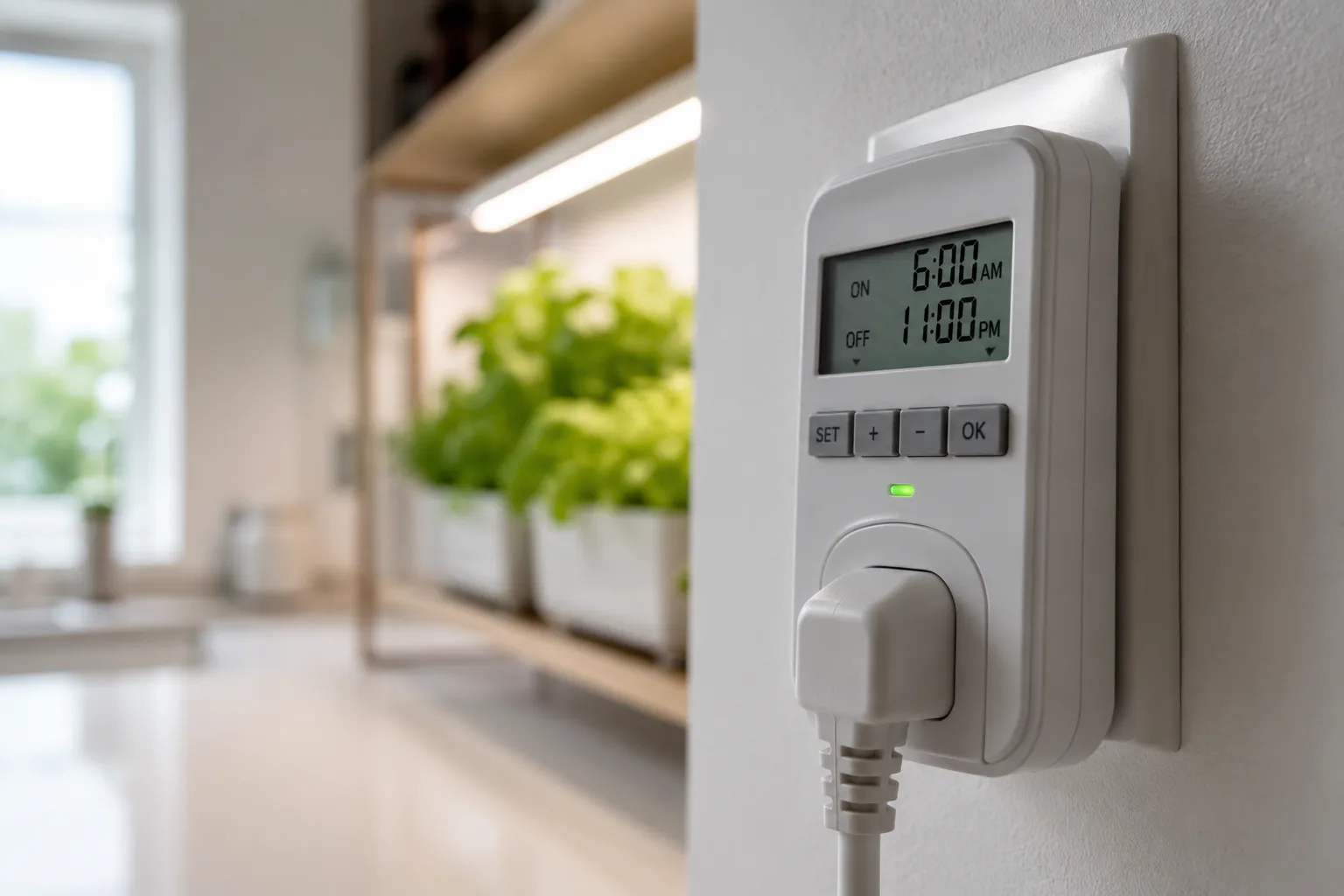 Digital outlet timer displaying a 9 AM to 11 PM schedule with a herb shelf blurred behind it