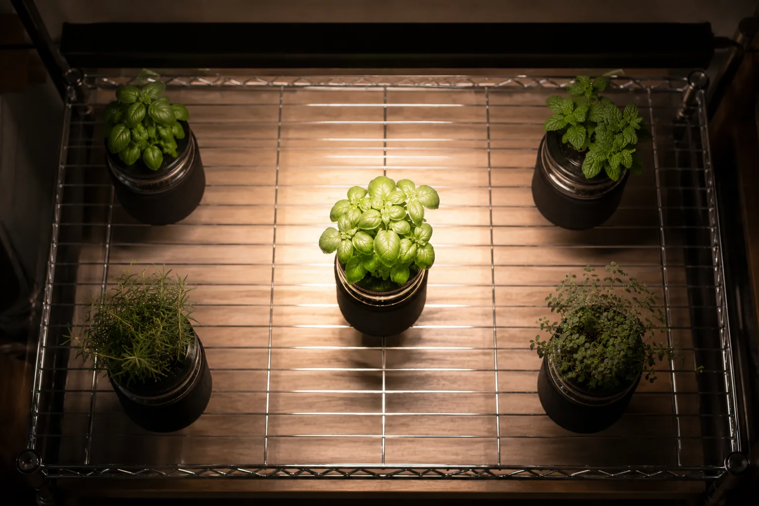 Kratky jars spread across a shelf under one grow light panel