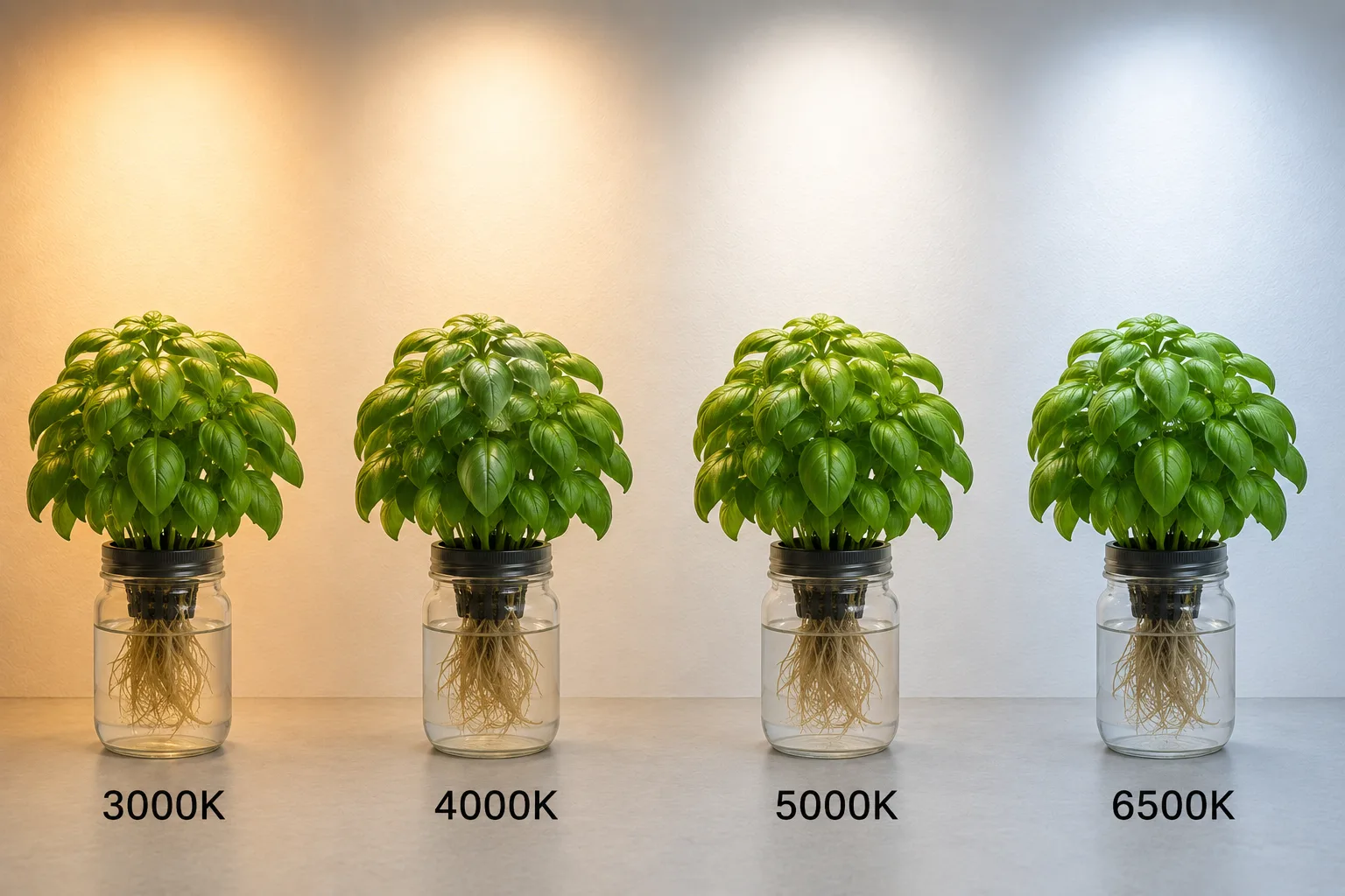 Four identical basil plants photographed under 3000K, 4000K, 5000K and 6500K grow lights showing how colour temperature changes the look of the same plant