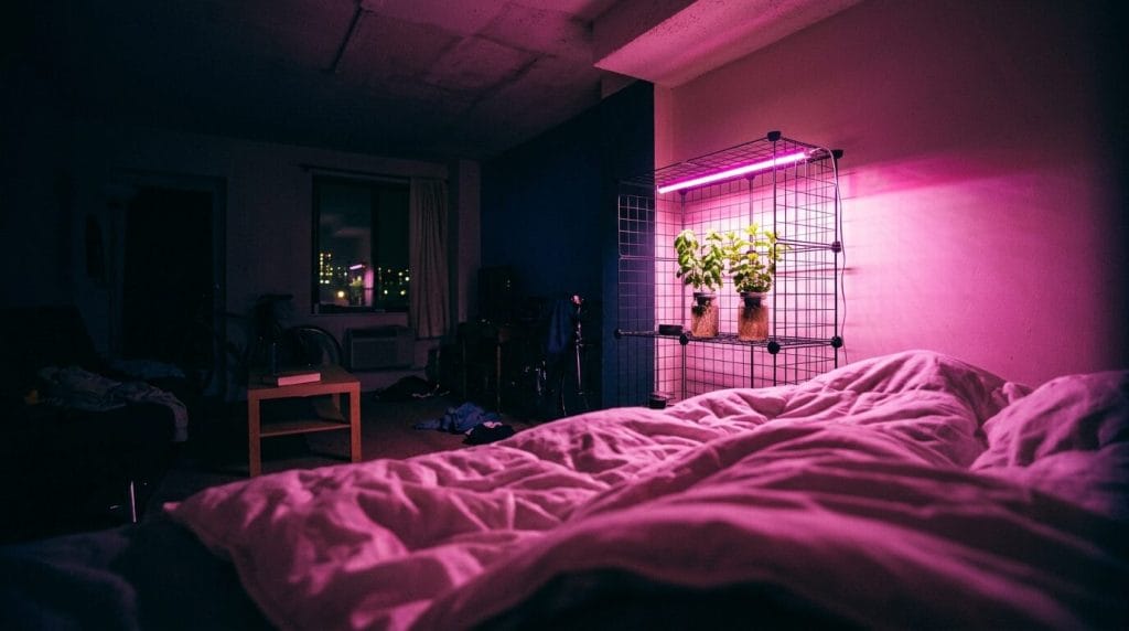 Pink LED grow light glow spilling across a dark studio apartment ceiling and bed at night