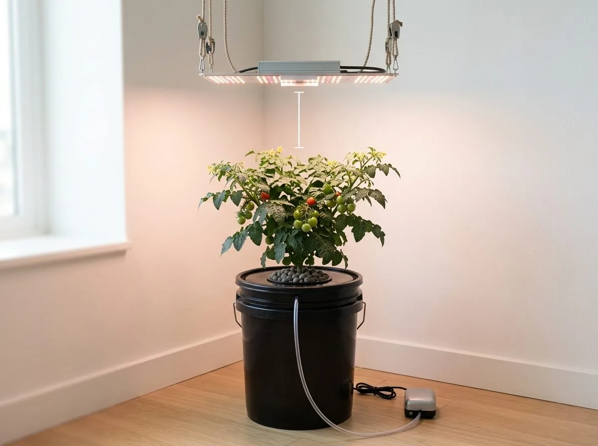 LED grow panel hung a hand's width above a cherry tomato in a DWC bucket