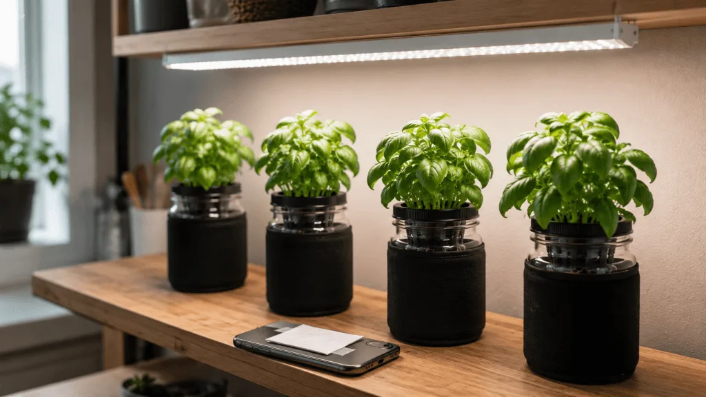 Grow light meter app measuring PPFD over Kratky basil jars on a shelf
