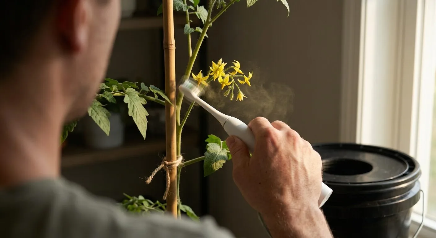 Electric toothbrush held to the stem behind a cluster of yellow cherry tomato flowers