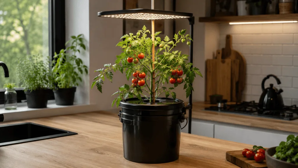 Cherry tomato plant fruiting in a hydroponic bucket on a small apartment kitchen counter