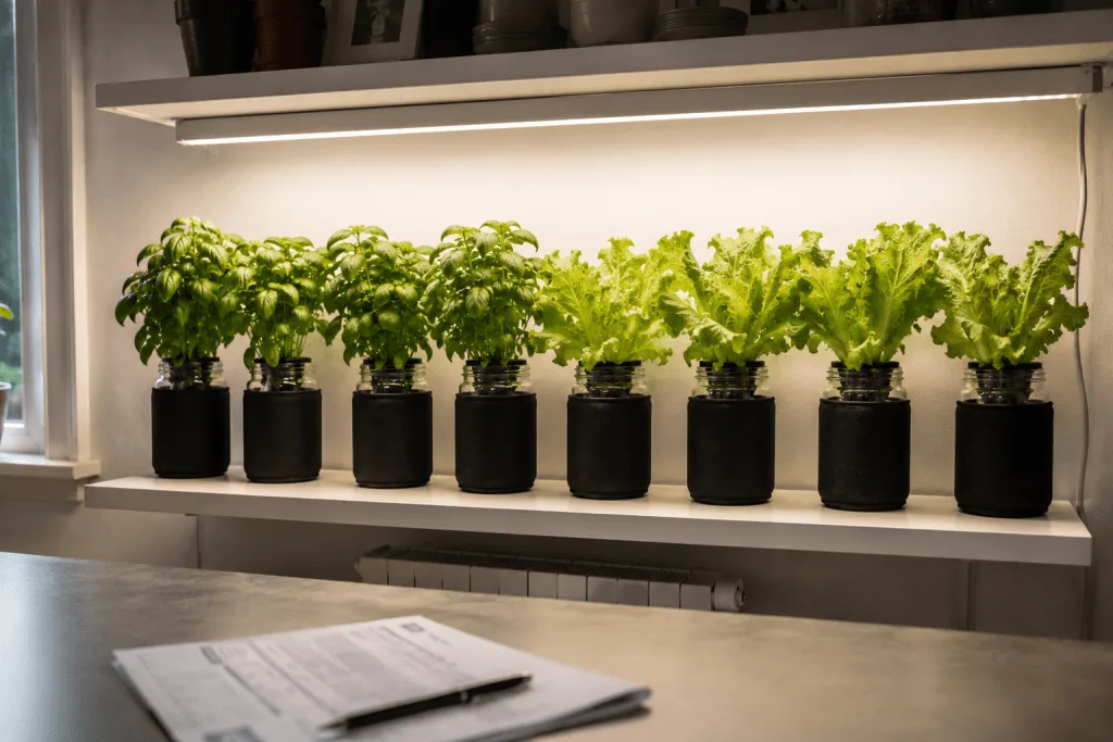 Eight Kratky jars of basil and lettuce under one LED strip on an apartment kitchen shelf