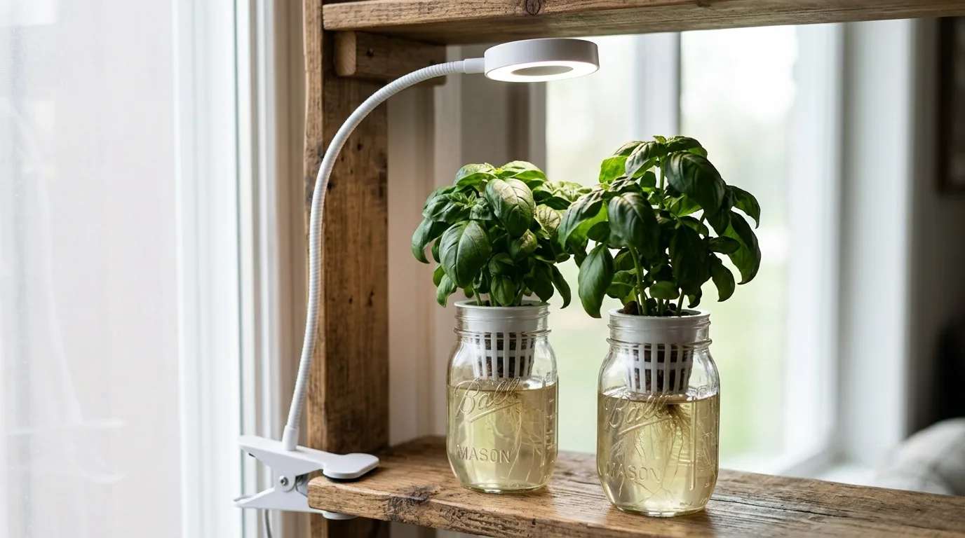 Clip-on LED grow light angled over herb jars beside a bright window