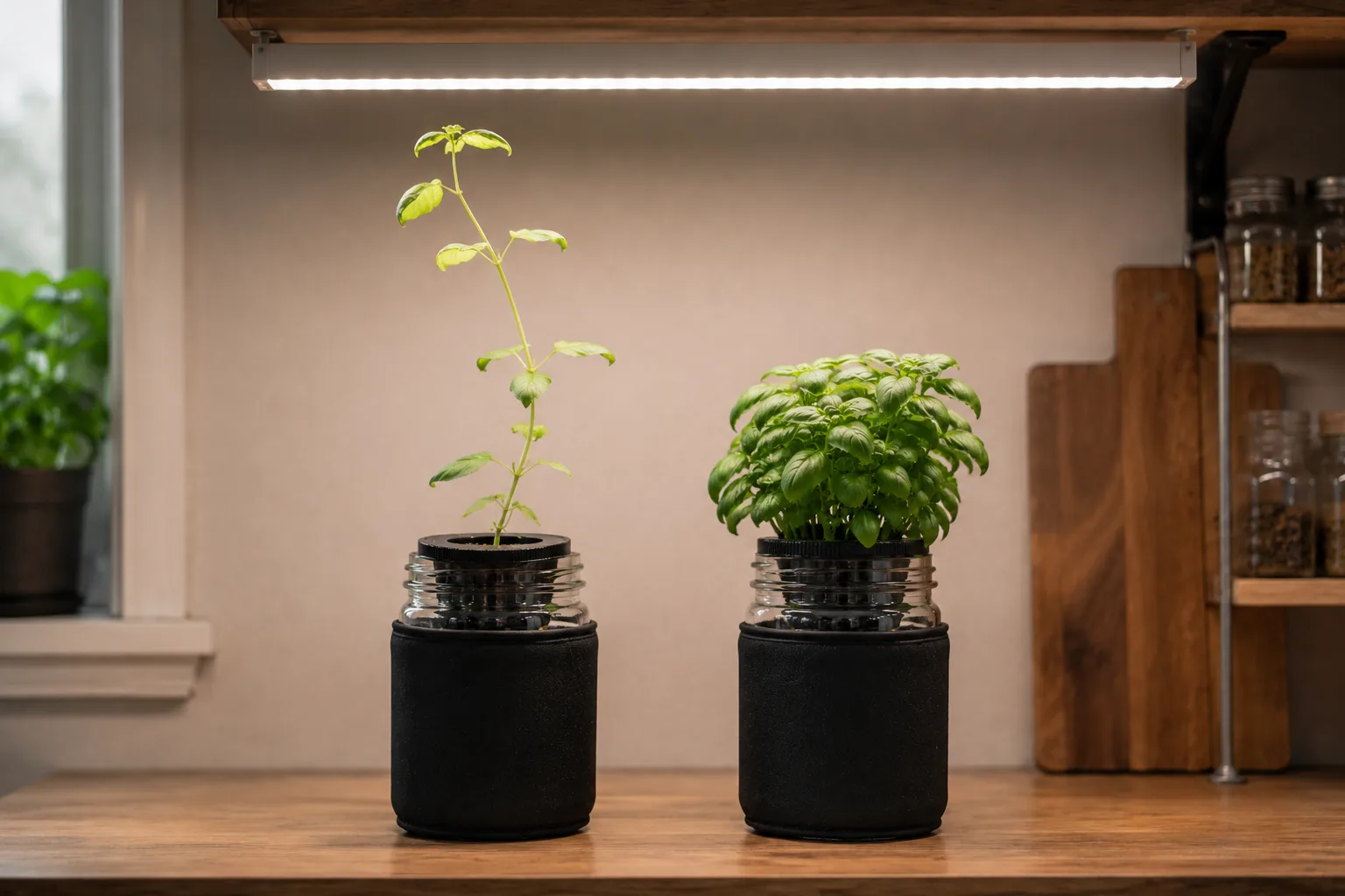 Stretched basil beside compact basil in Kratky jars showing low light