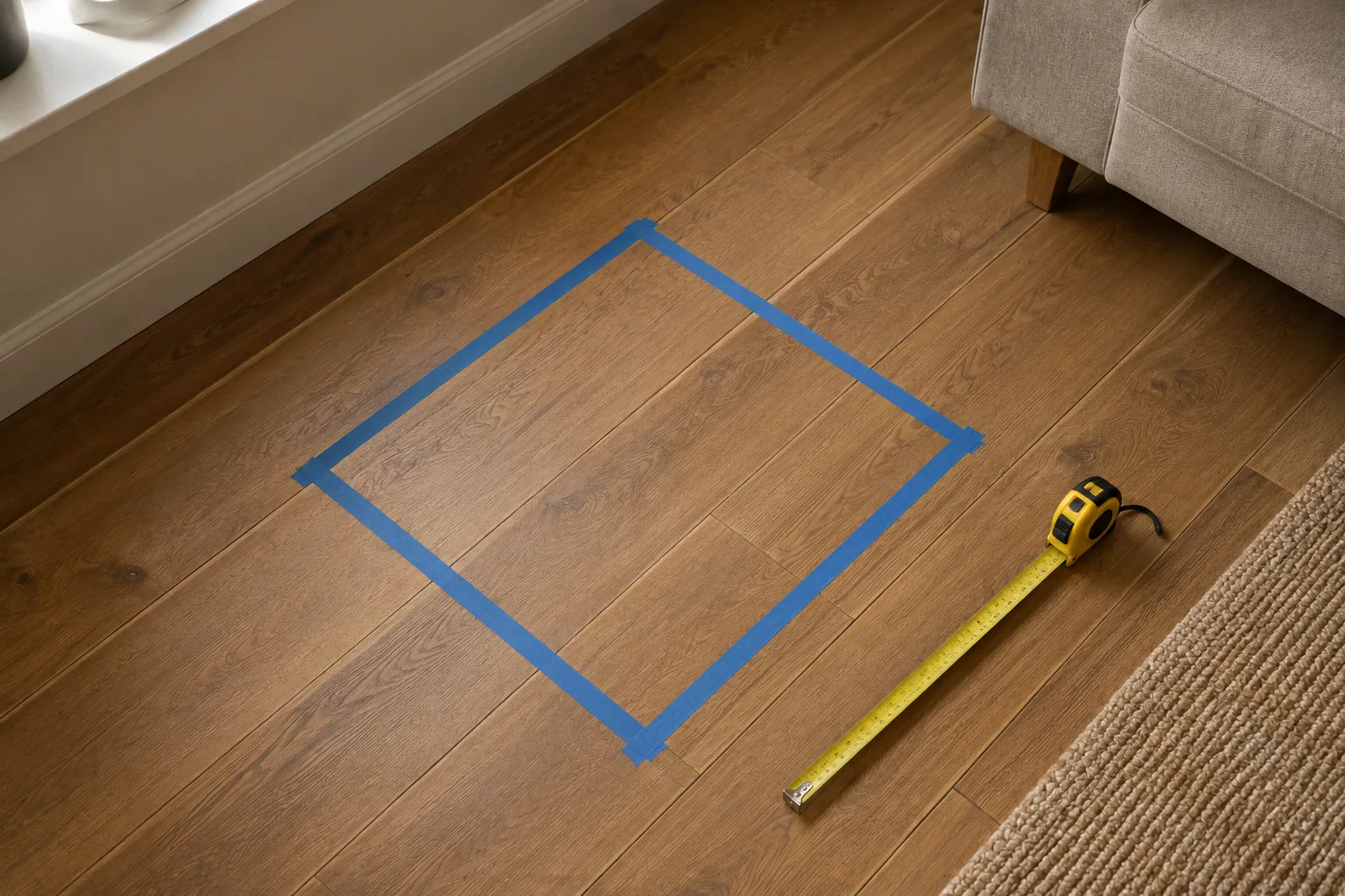 Masking tape marking out a vertical hydroponic tower footprint on an apartment floor