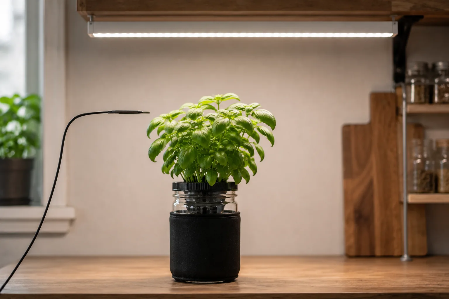Light sensor held level with basil leaf tops above a Kratky jar