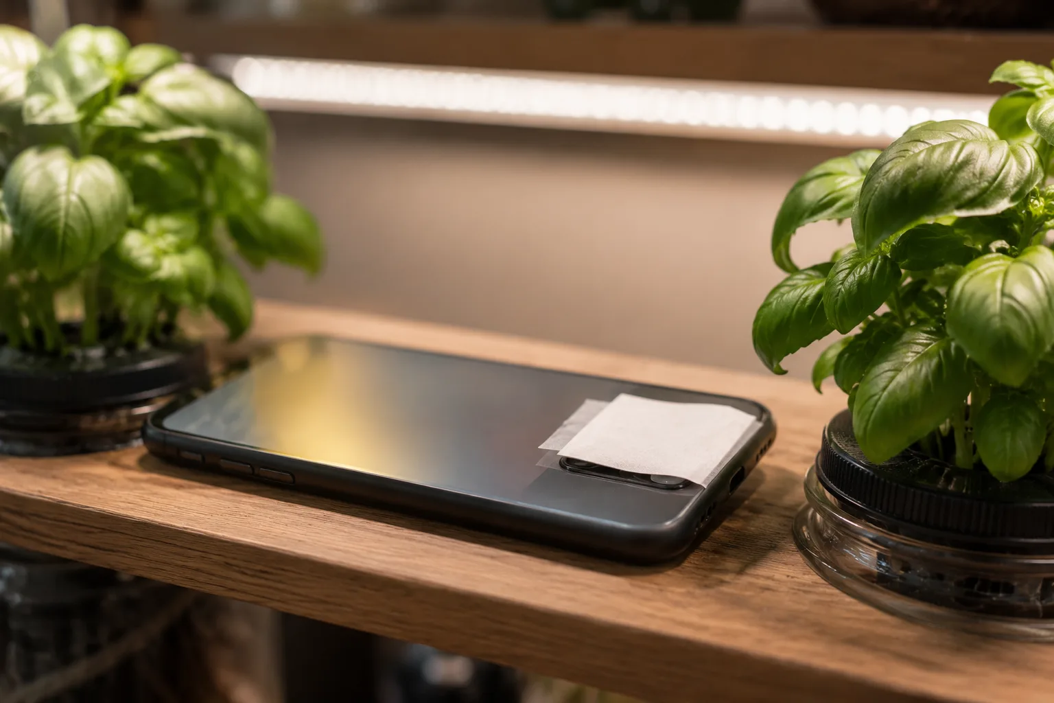 Phone with a paper diffuser measuring grow light over Kratky herb jars