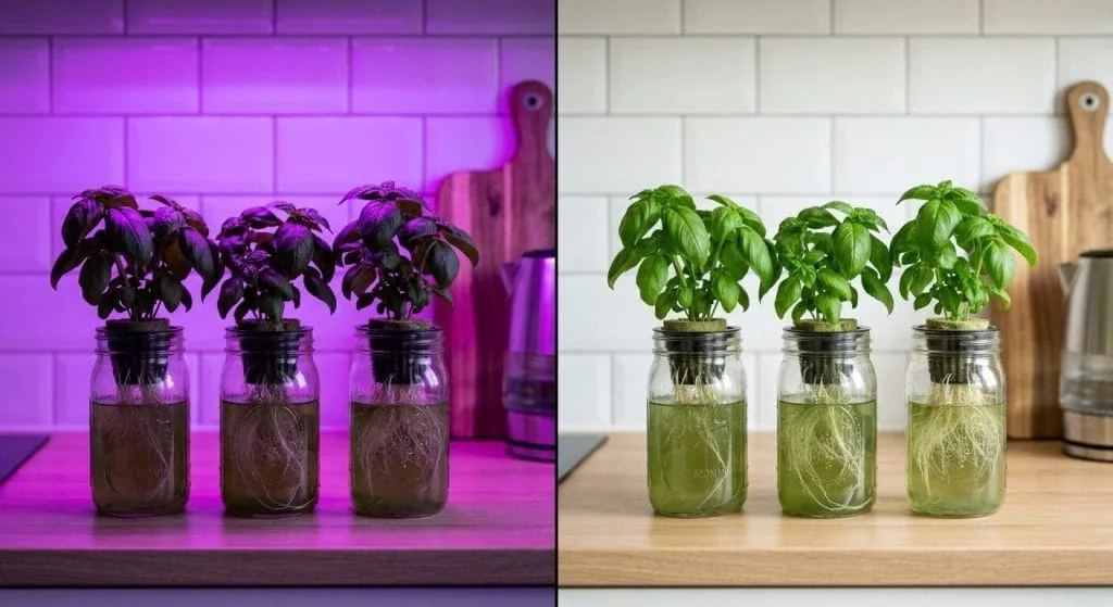 Split view of the same apartment kitchen counter, one side lit by a harsh purple grow light and the other by a natural white 4000K grow light over the same basil plants