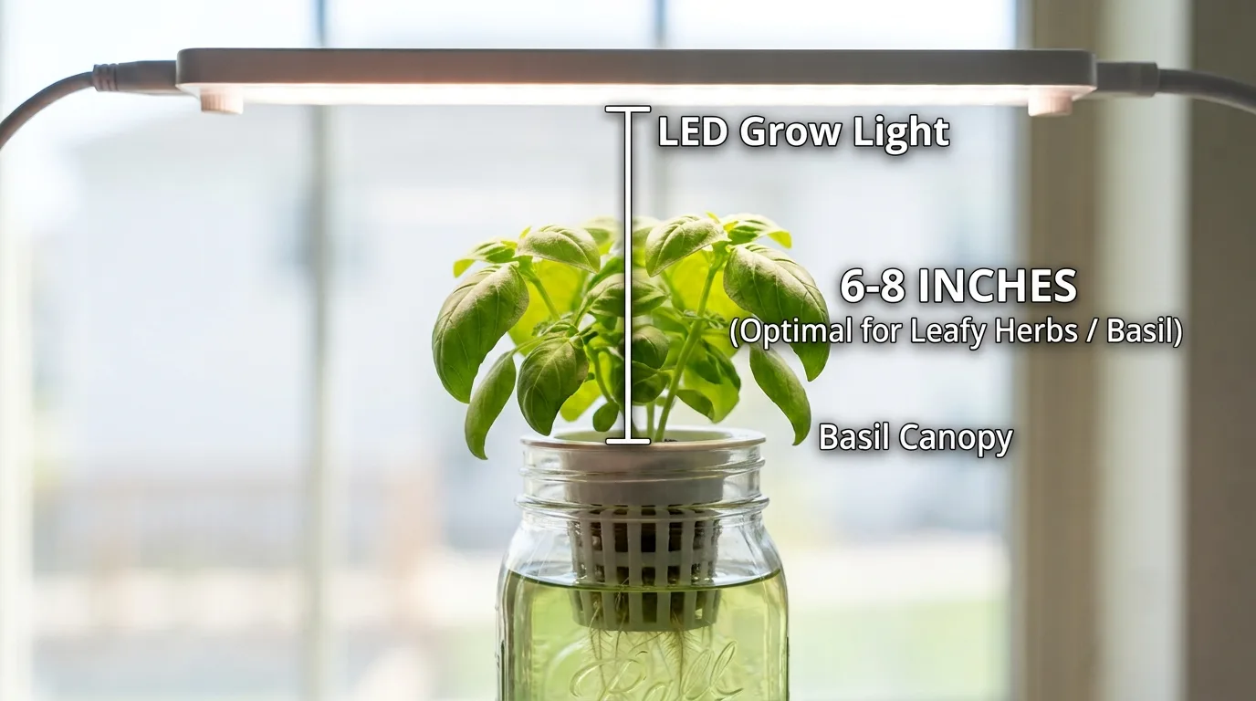 measuring the gap between an LED panel and basil leaves