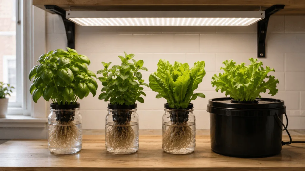 Kratky mason jars and a DWC bucket sharing one LED grow light