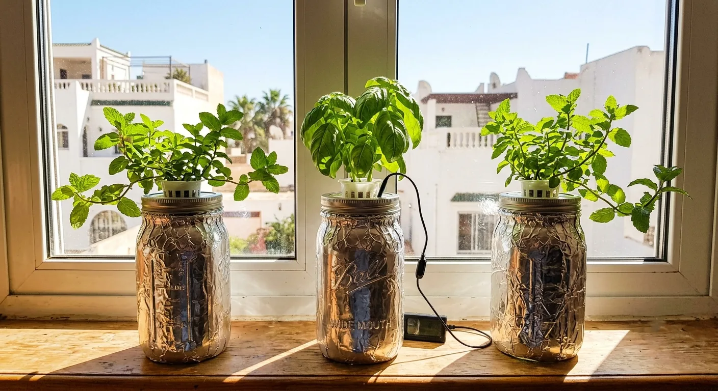 Foil-wrapped hydroponic jars on a sunny south-facing windowsill