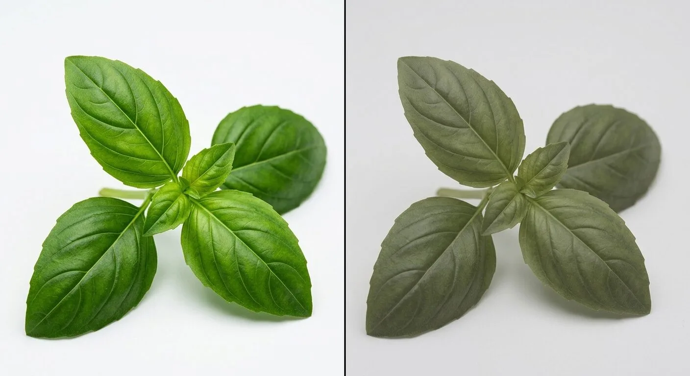 Side by side comparison of the same basil leaf under a high CRI grow light where the green looks rich and under a low CRI light where it looks grey and washed out