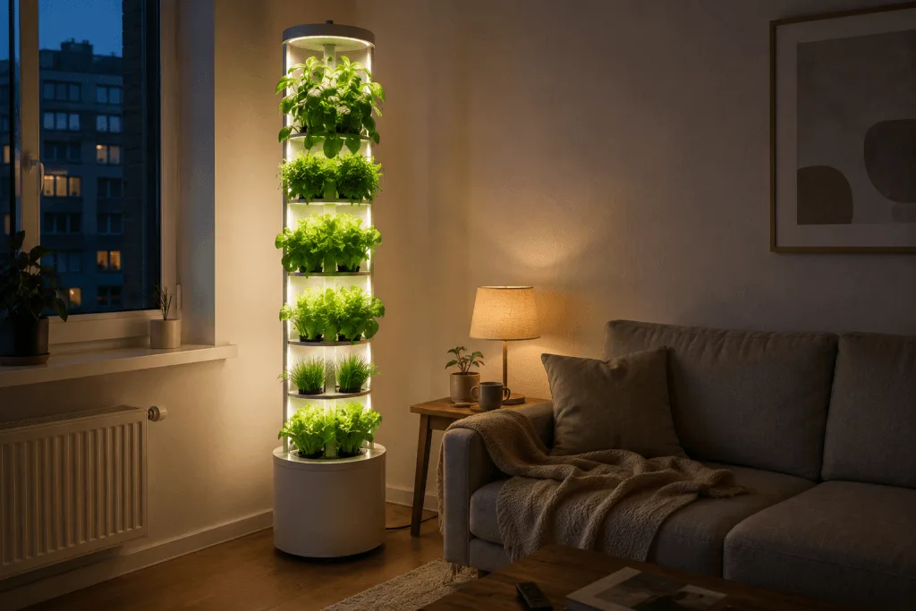 Slim vertical hydroponic tower of lettuce and herbs standing beside a couch in a small living room