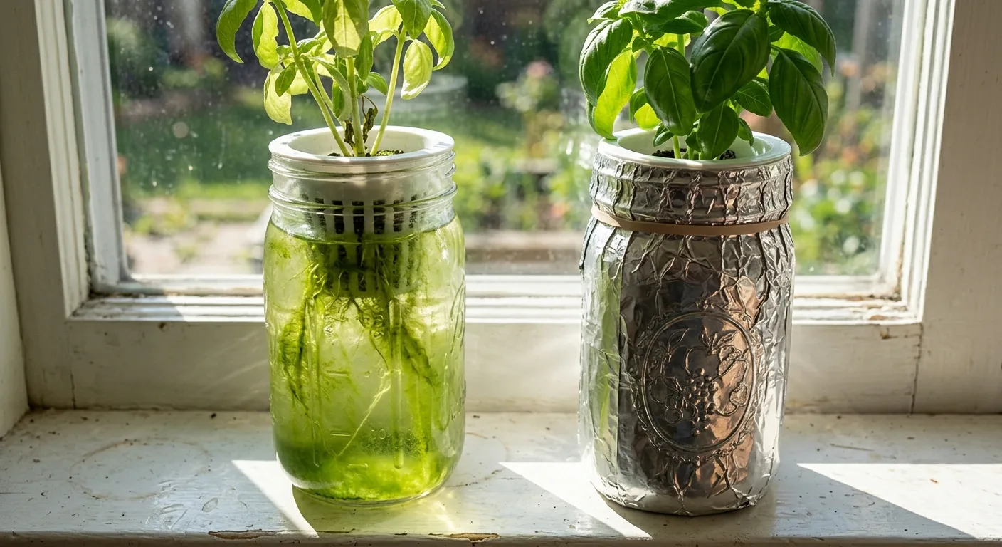 Green algae film inside an unwrapped hydroponic jar on a sunny sill