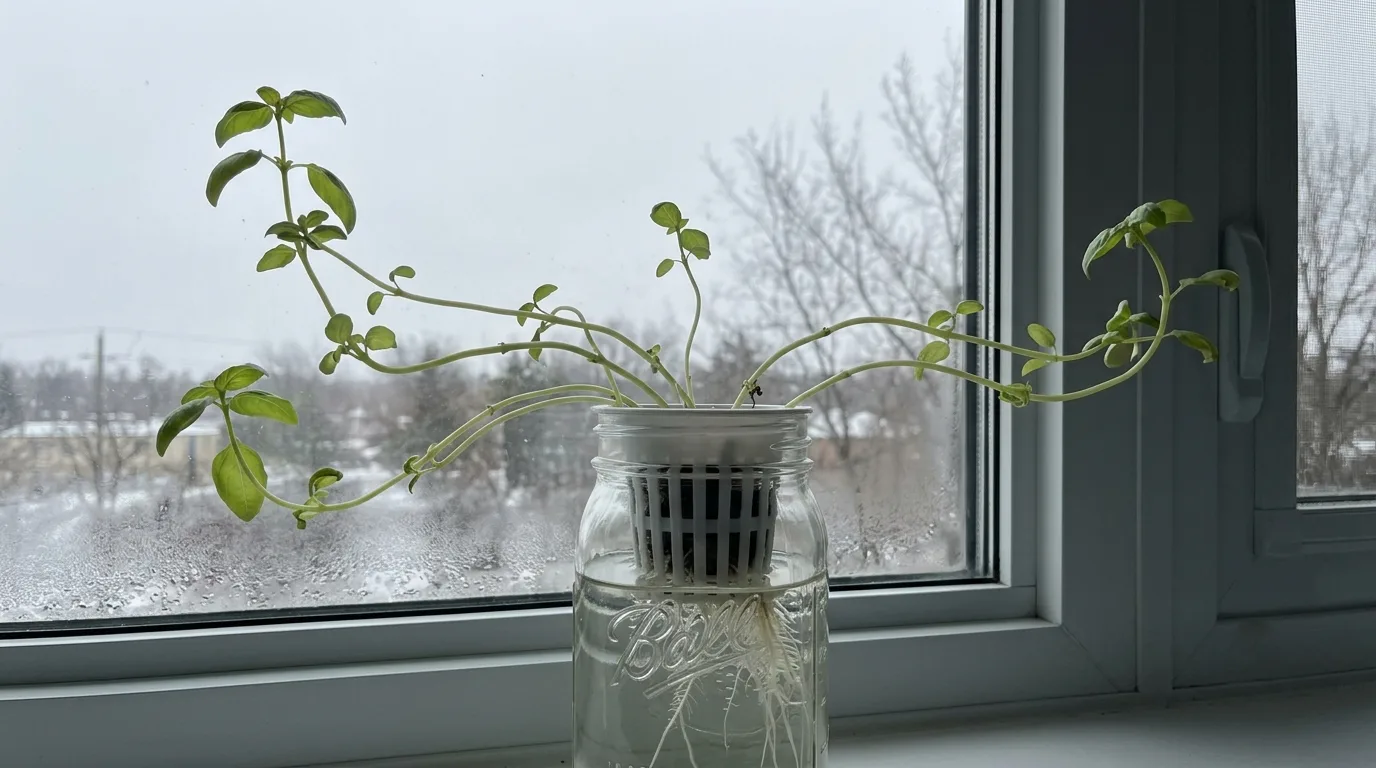 Pale stretched basil on a grey winter windowsill with weak natural light