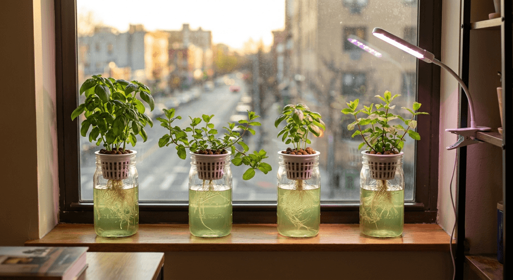 Herbs on a windowsill lit by daylight and a small LED grow light together