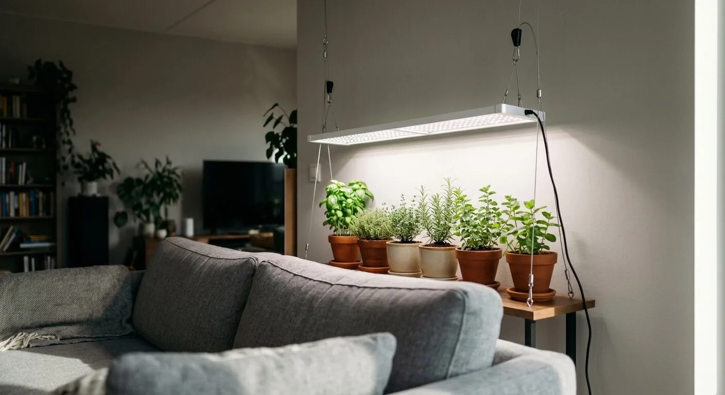 LED grow light panel tilted about ten degrees on adjustable hangers so the beam falls away from a sofa