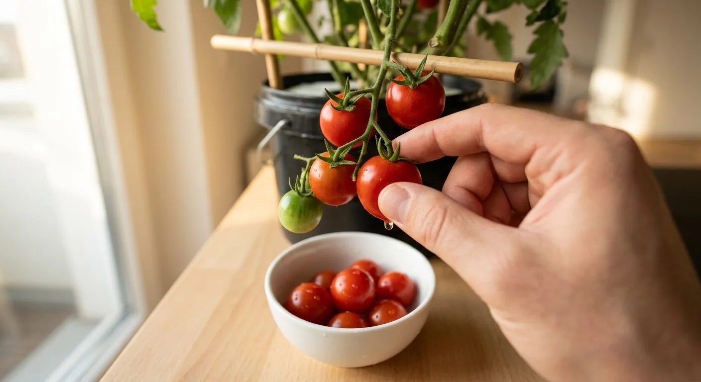 Harvesting ripe hydroponic cherry tomatoes