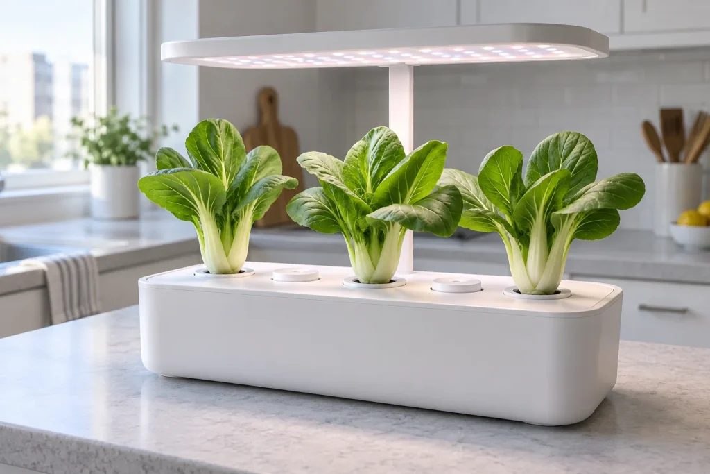 Three baby bok choy plants growing in every other pod of a countertop hydroponic kit under an LED light