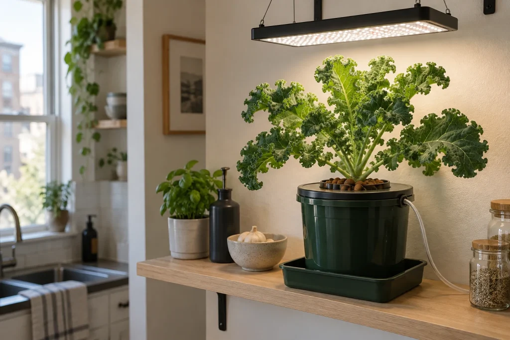 Mature hydroponic kale growing in a compact apartment DWC reservoir