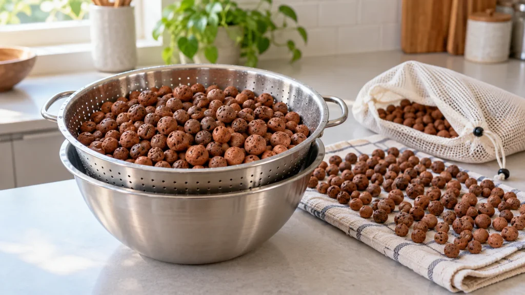 Clean hydroponic clay pebbles in a colander and bowl beside pebbles drying on a towel and a breathable storage bag