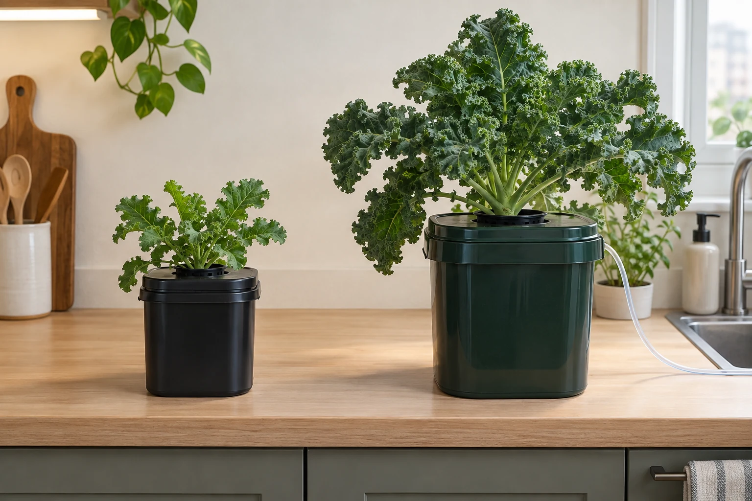 Baby kale Kratky container beside a mature kale DWC plant