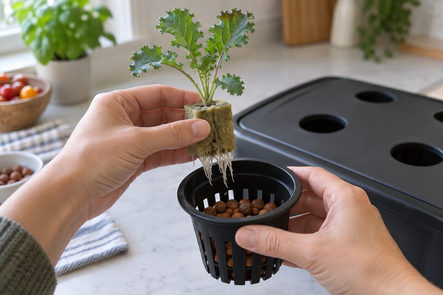 Hands transferring a rooted kale seedling into a net pot
