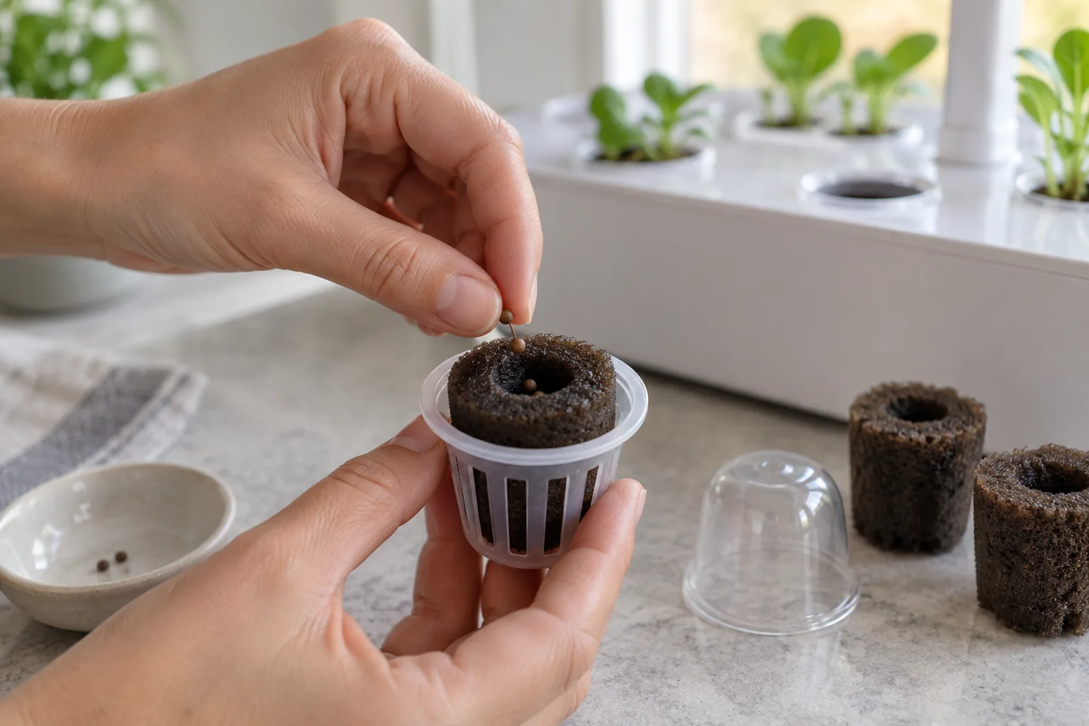 Hands placing bok choy seeds into a moist hydroponic grow sponge beside a clear humidity dome