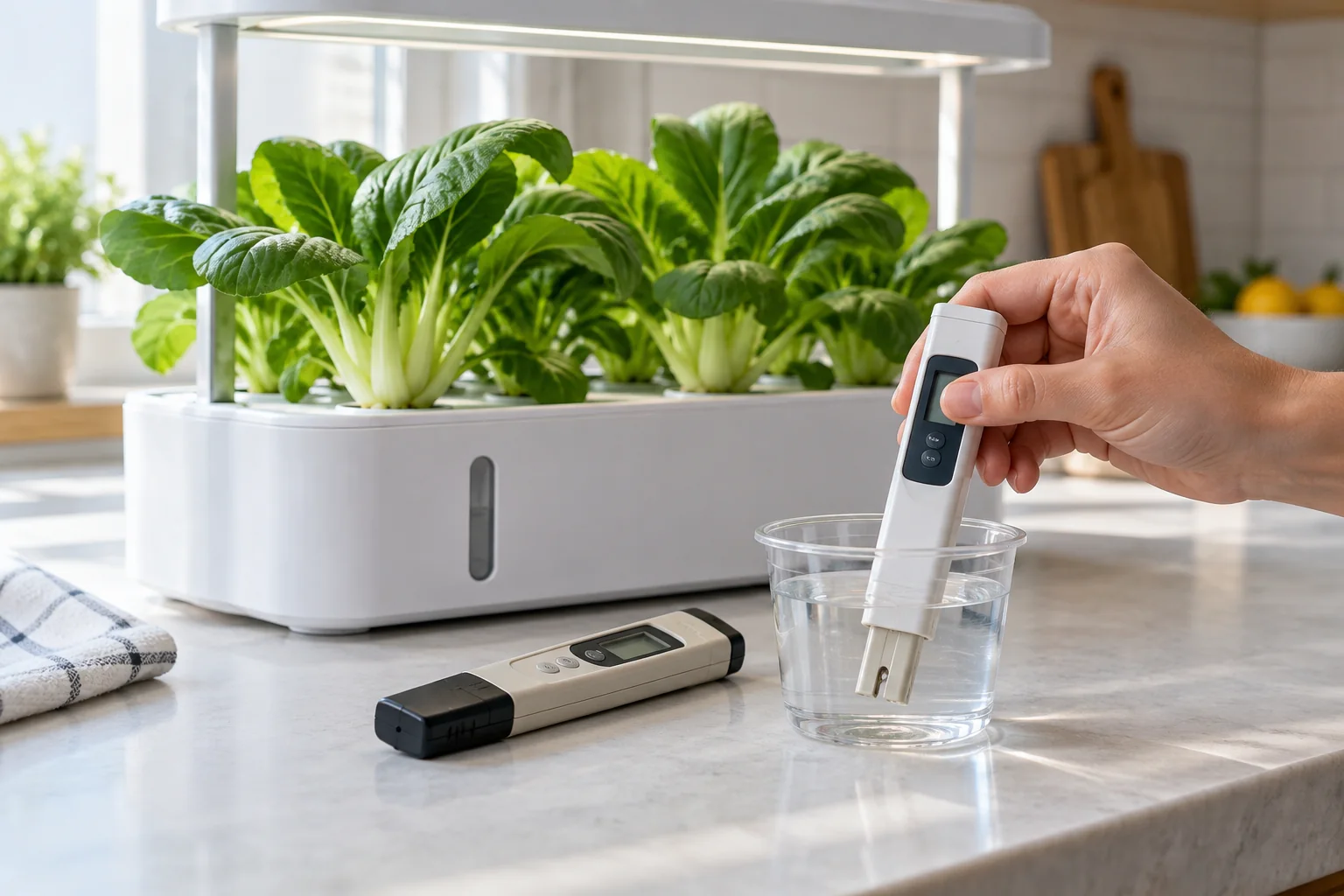 A digital meter checking a nutrient solution sample beside baby bok choy in a countertop hydroponic kit
