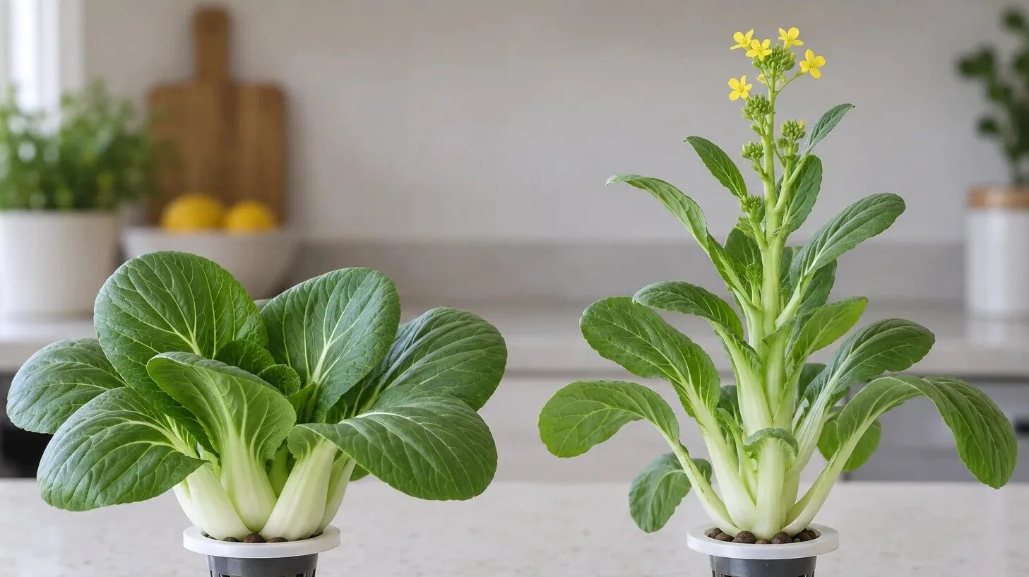 Healthy compact bok choy beside a bolting bok choy plant with a tall central flower stalk and yellow flowers