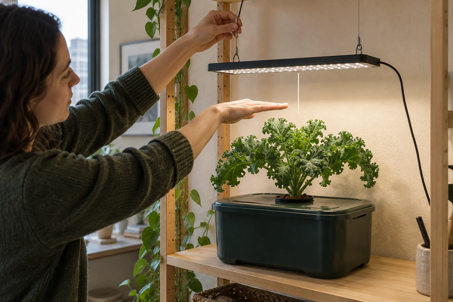 Person adjusting an LED grow light above one hydroponic kale plant
