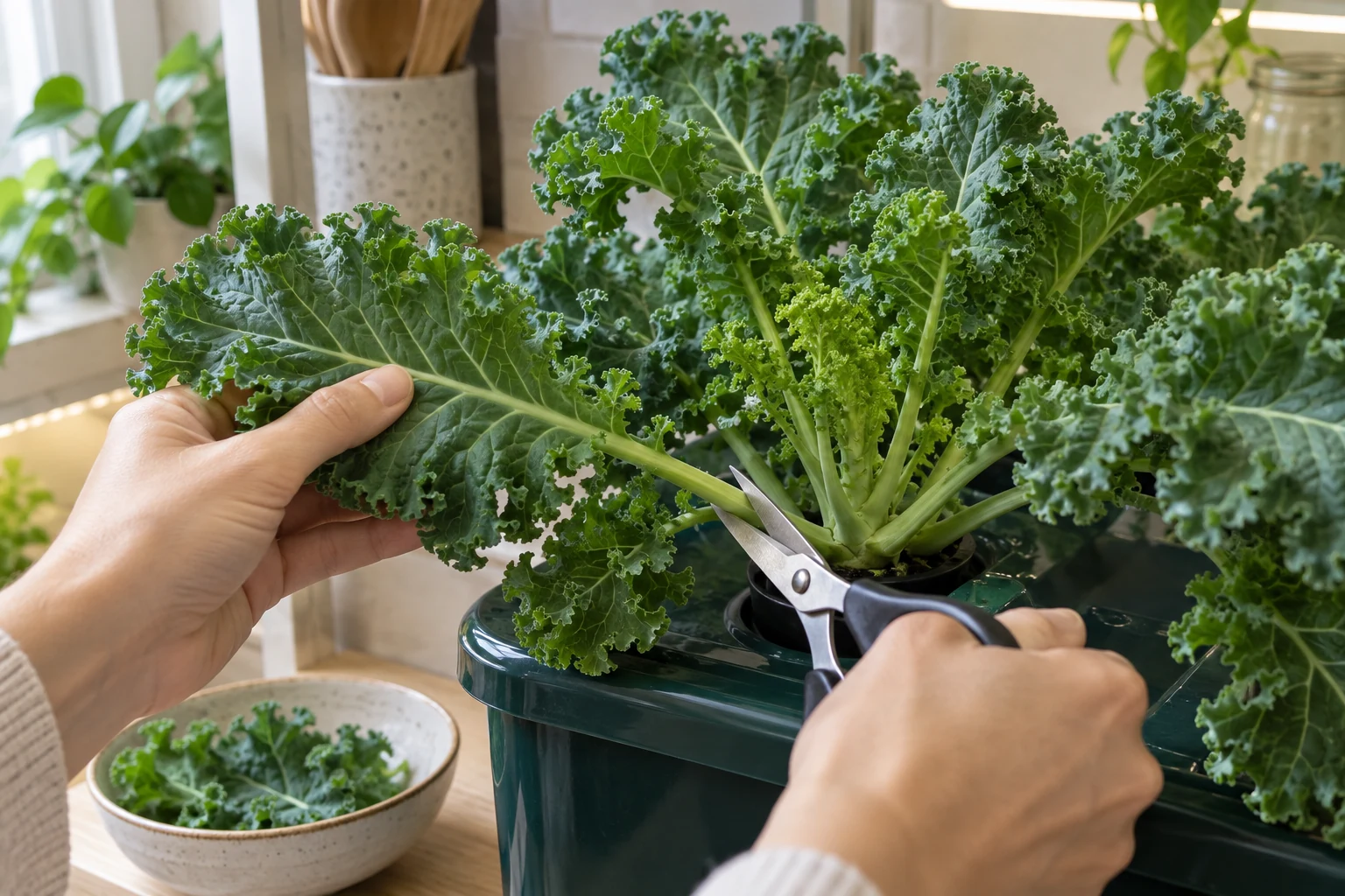 Hand cutting an outer kale leaf while protecting the central crown