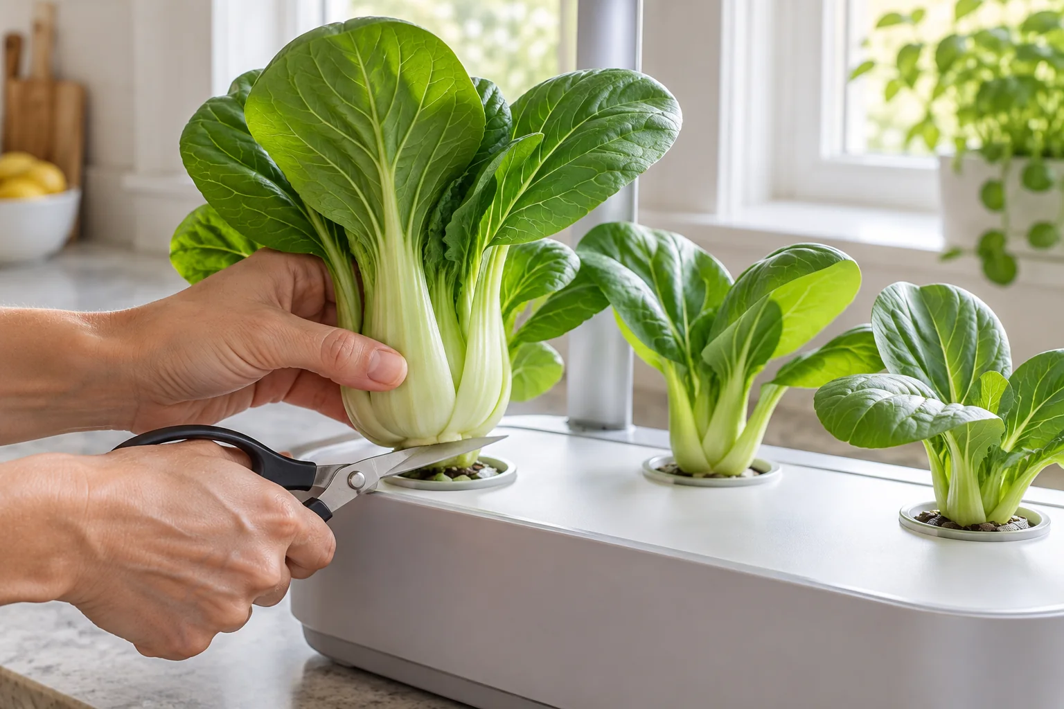 Hands cutting a mature baby bok choy head at the base with clean kitchen shears in a countertop hydroponic kit