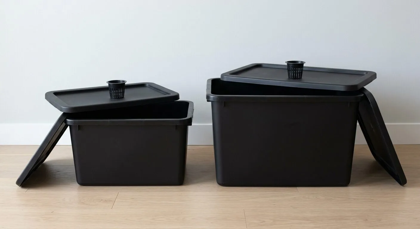 A 5-gallon and a 10-gallon opaque storage tote side by side for sizing a Kratky tote setup