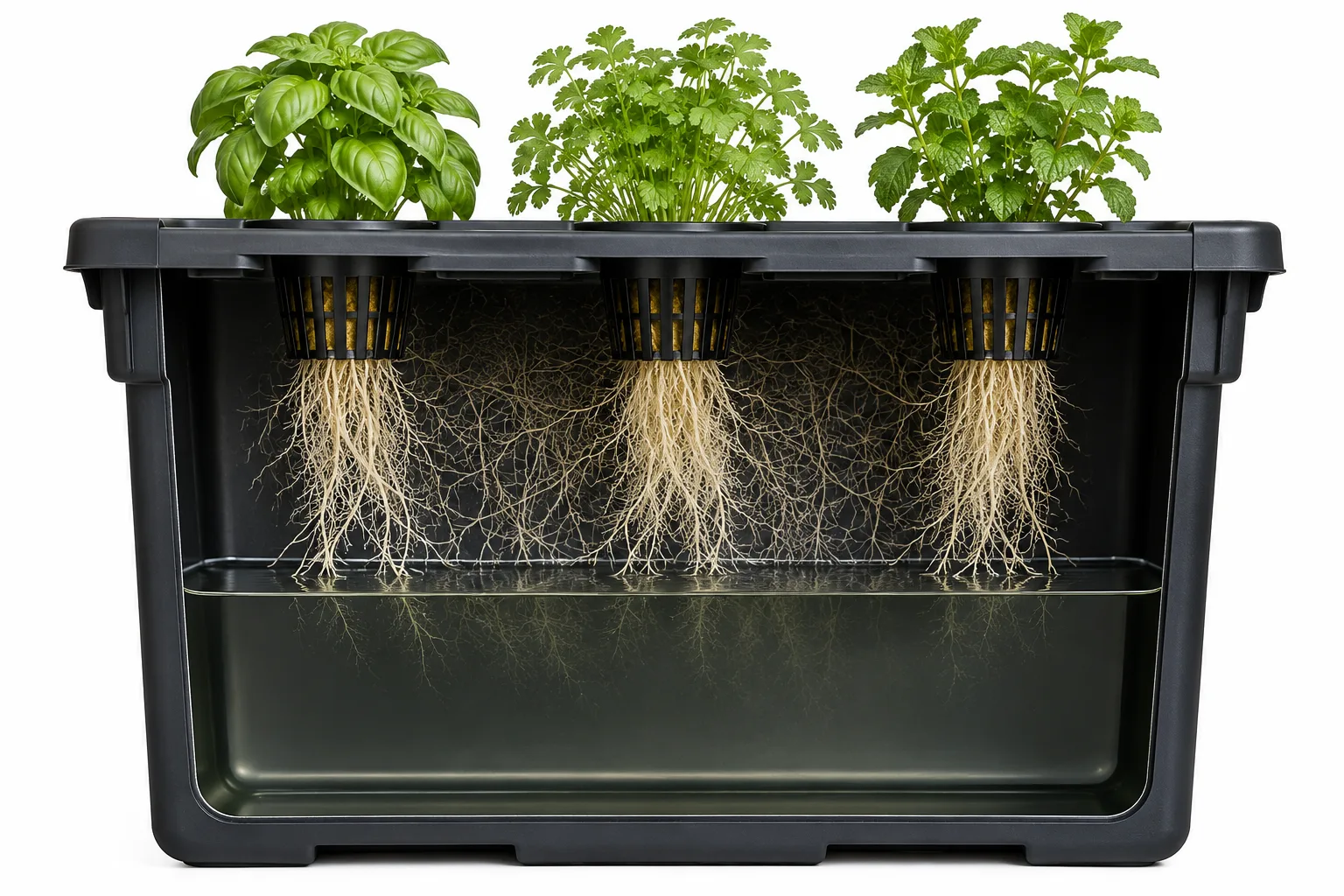 White air roots hanging in the gap above a marked fill line inside a Kratky tote reservoir