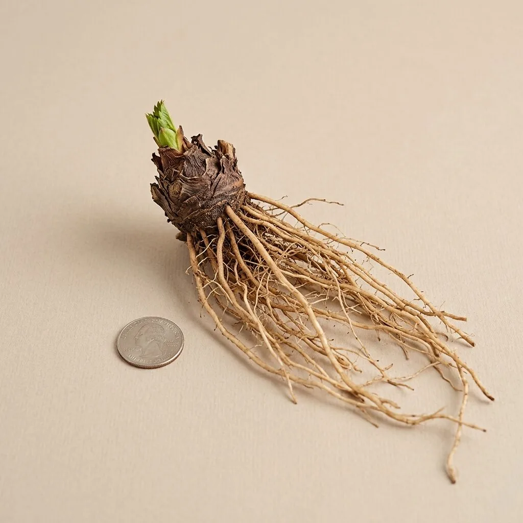 Close-up of dormant bare-root strawberry crown showing woody crown bud and fibrous roots before planting
